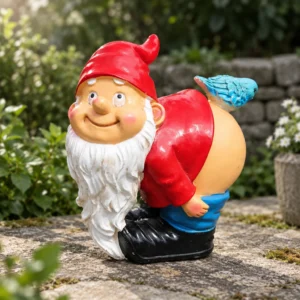 Gartenzwerg mit nacktem Po und Vogel