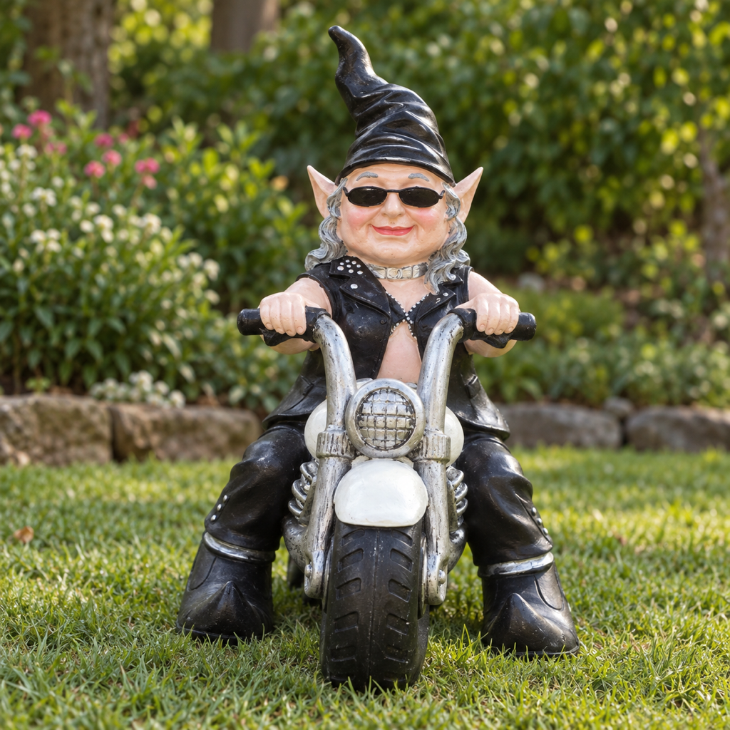 Gartenzwergin auf Motorrad, Vorderansicht