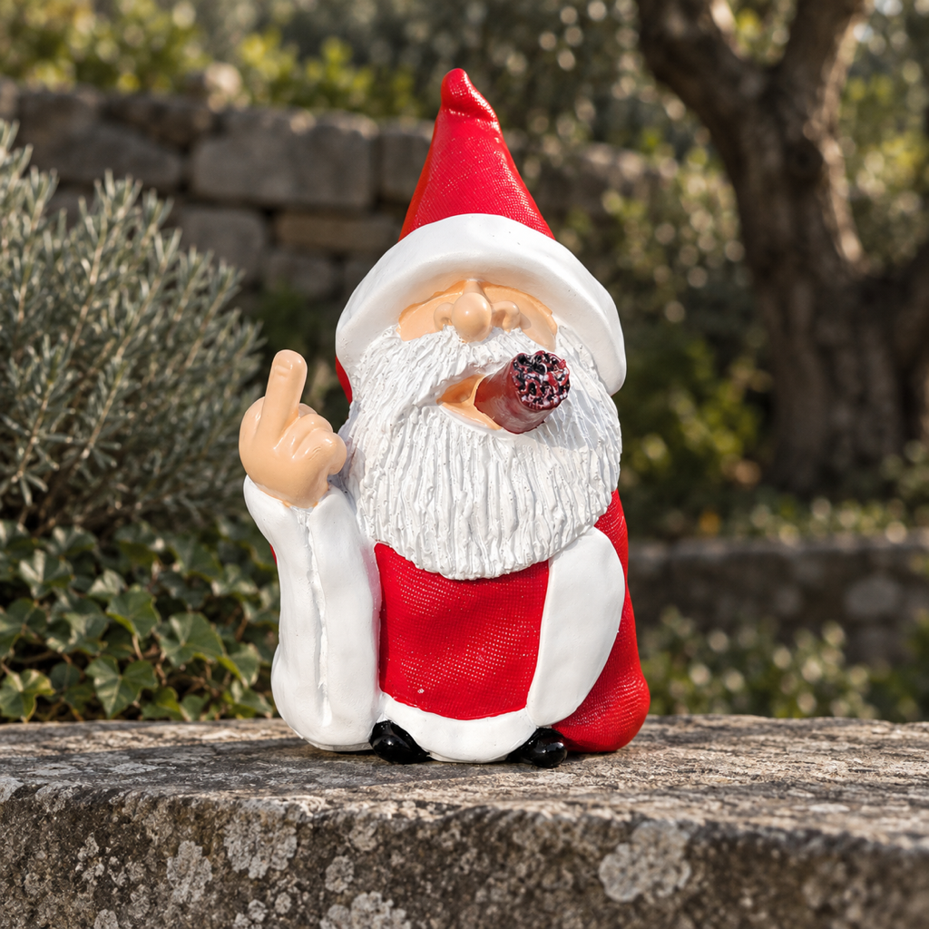 Roter Gartenzwerg mit Stinkefinger, Vorderansicht