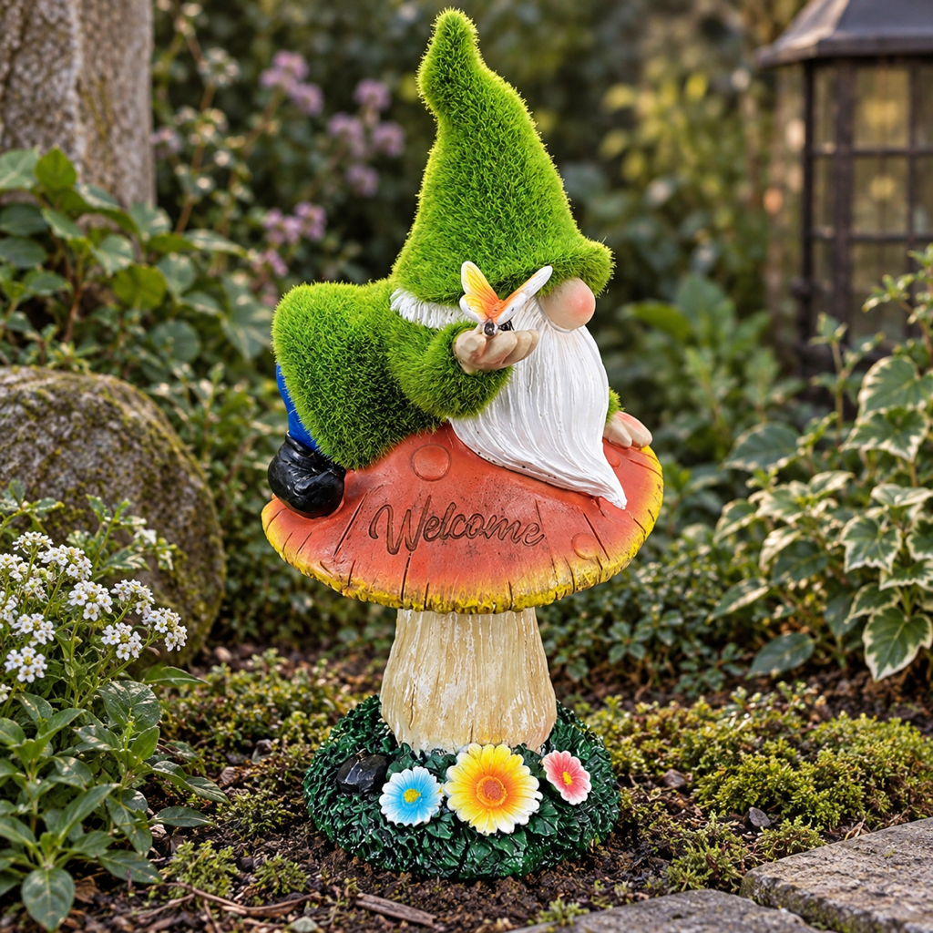Gartenzwerg auf leuchtendem Pilz, Vorderansicht