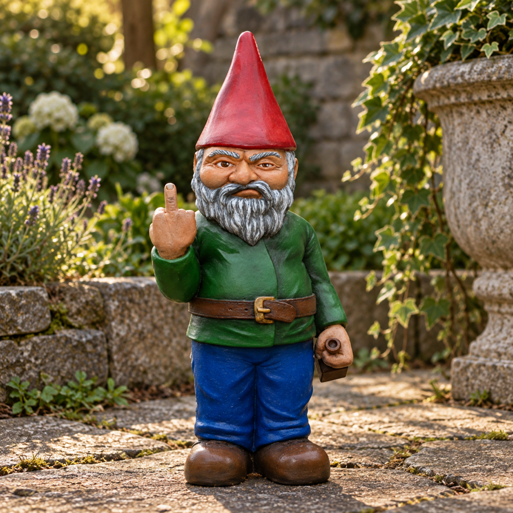 Gartenzwerg mit Stinkefinger, Vorderansicht