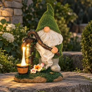 Gartenzwerg mit beleuchtetem Brunnen