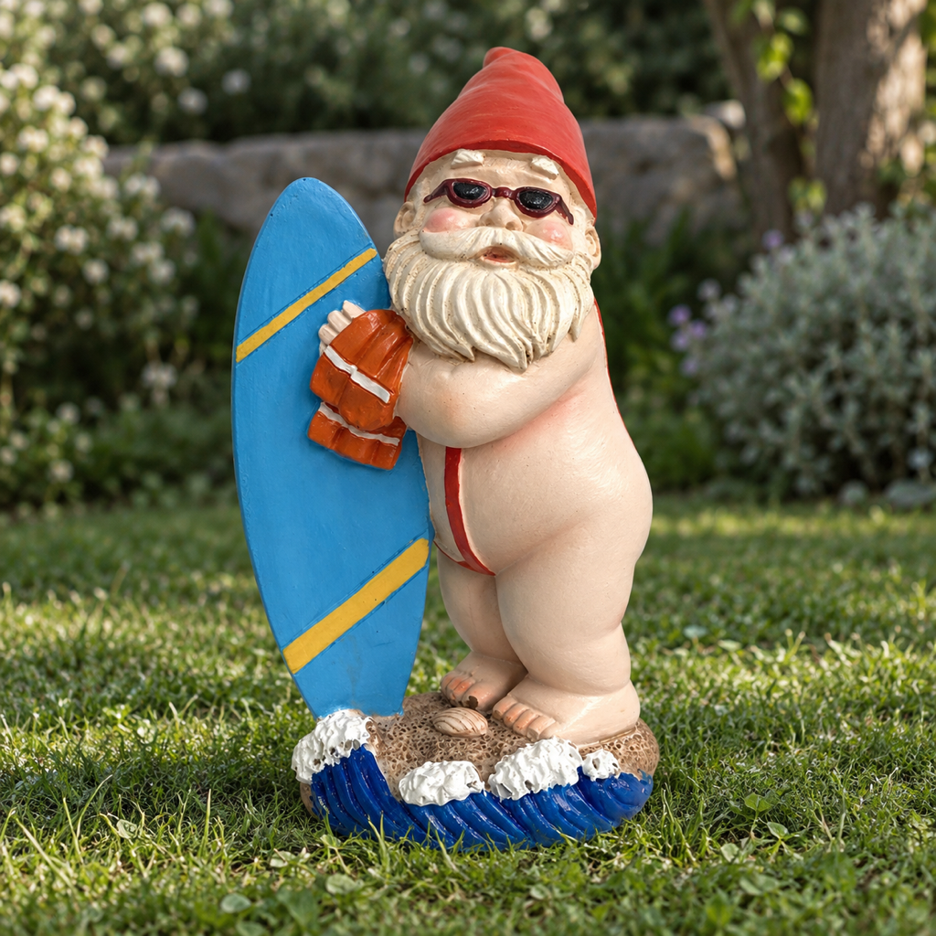 Gartenzwerg als Surfer, Vorderansicht