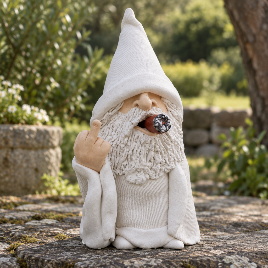 Gartenzwerg mit Stinkefinger und Zigarre, Vorderansicht