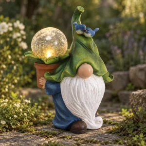 Gartenzwerg mit leuchtendem Blumentopf