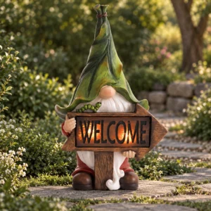 Gartenzwerg mit Willkommensschild