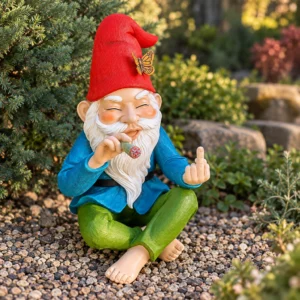 Gartenzwerg mit Mittelfinger und Joint