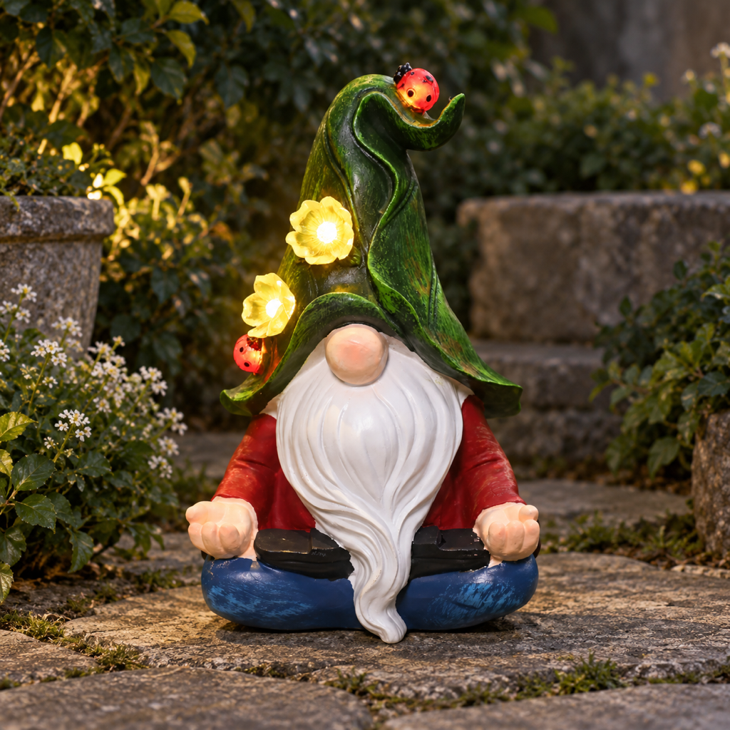 Yoga-Gartenzwerg mit Solarbeleuchtung, Vorderansicht