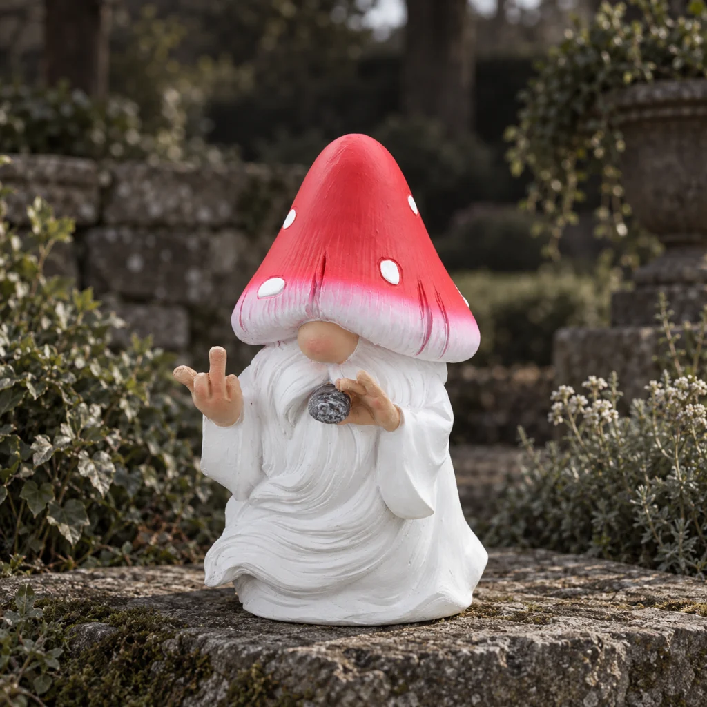 Lustiger Gartenzwerg mit Mittelfinger, Vorderansicht
