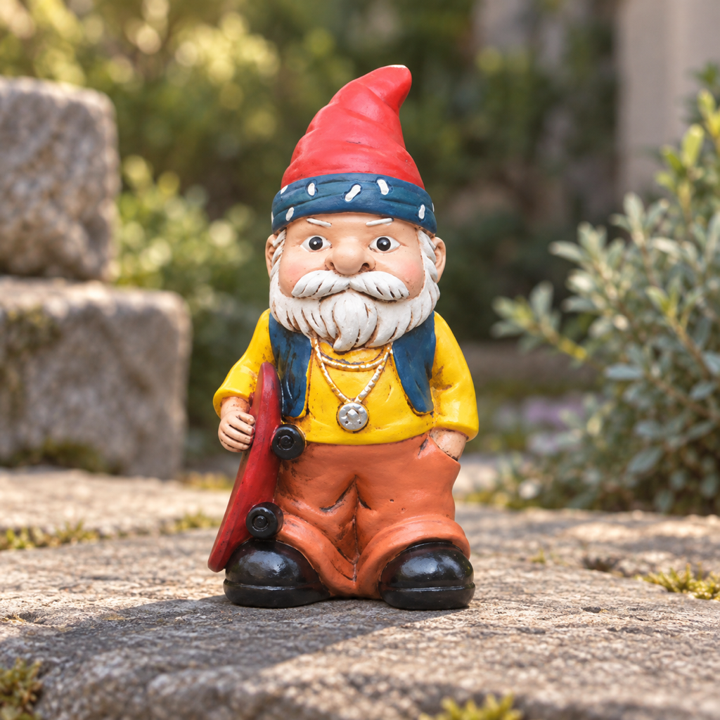 Gartenzwerg mit Skateboard, Vorderansicht