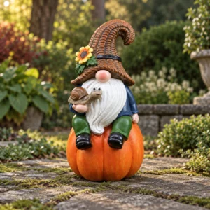 Sitzender Gartenzwerg auf einem Kürbis