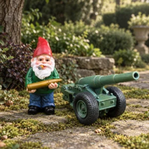 Gartenzwerg als Soldat mit Kanone