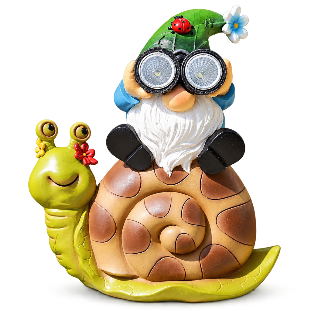 Niedlicher Gartenzwerg auf Schnecke, Produktansicht