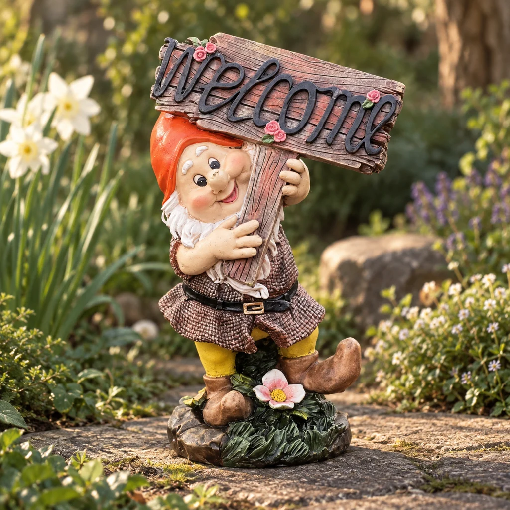 Gartenzwerg mit Welcome-Schild, Vorderansicht