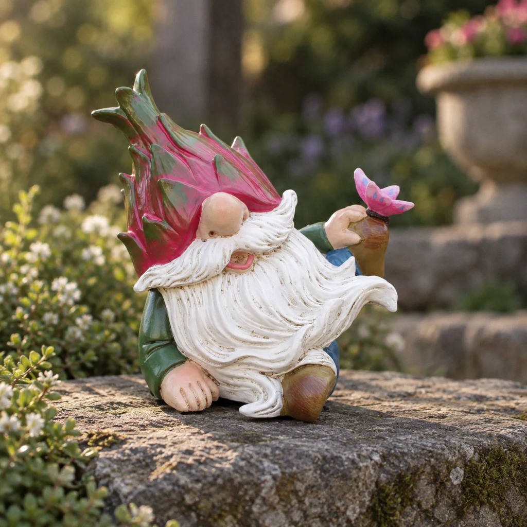 Gartenzwerg mit Drachenfrucht, Vorderansicht