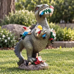 Gartenfigur Dinosaurier mit Gartenzwergen