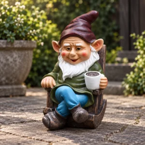 Gartenzwerg auf einem Stuhl mit Kaffeetasse