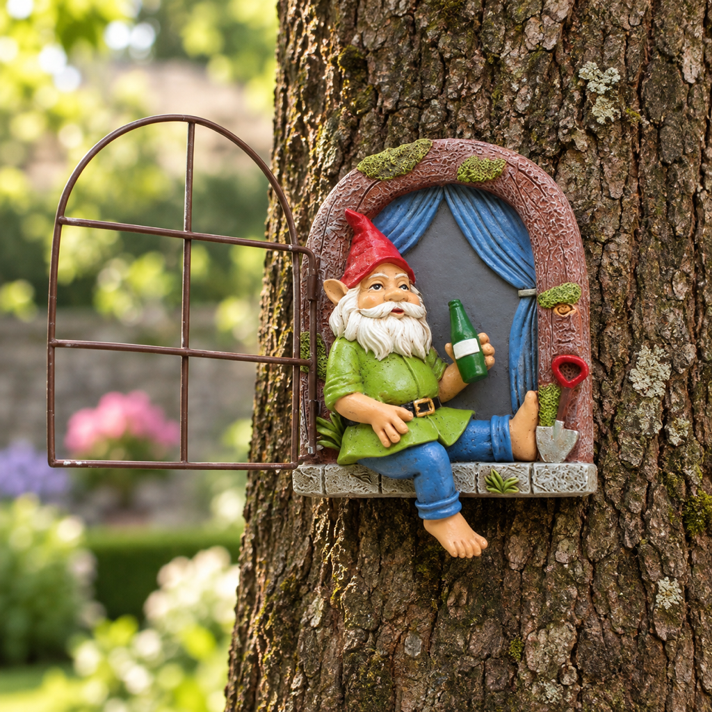 Gartenzwerg mit Bier, Vorderansicht