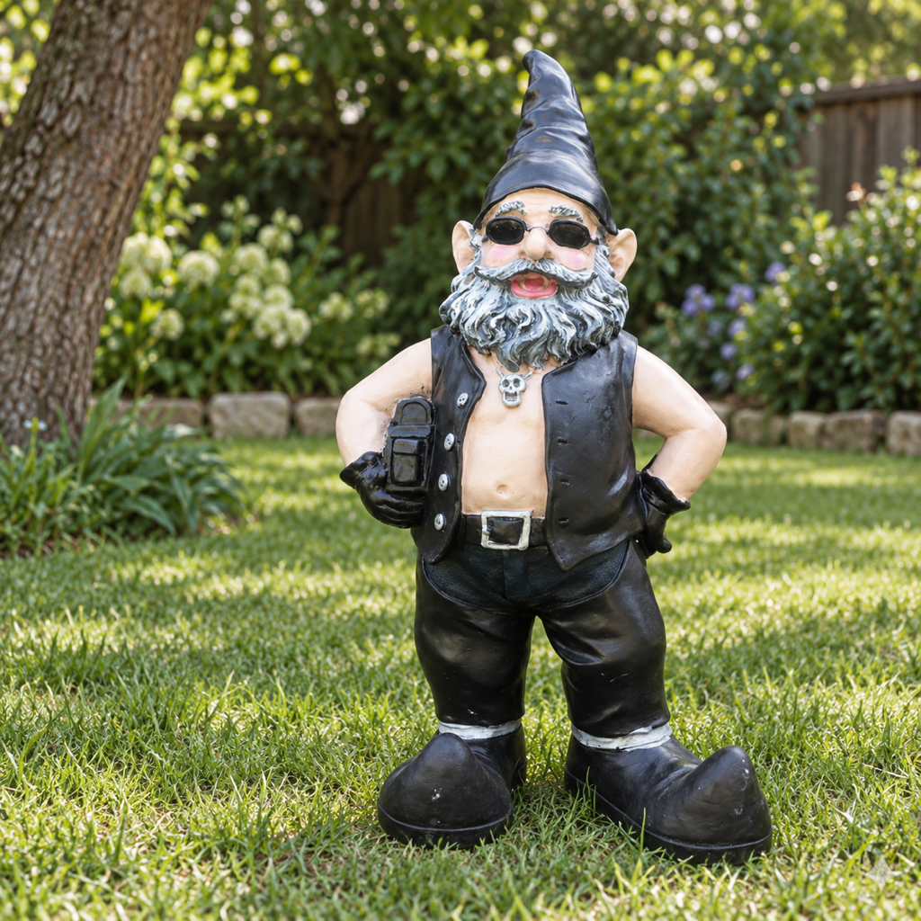 Biker-Gartenzwerg, Vorderansicht